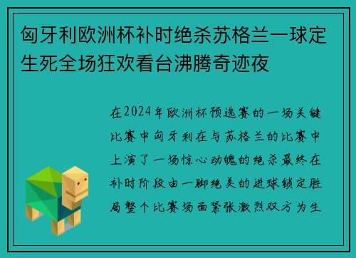 匈牙利欧洲杯补时绝杀苏格兰一球定生死全场狂欢看台沸腾奇迹夜
